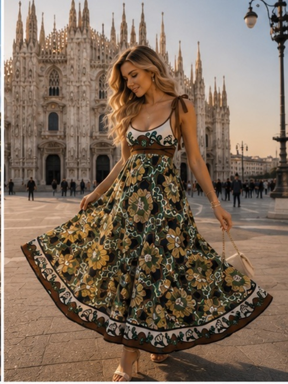Alemais Olive Green Floral Maxi Dress with Brown Trim